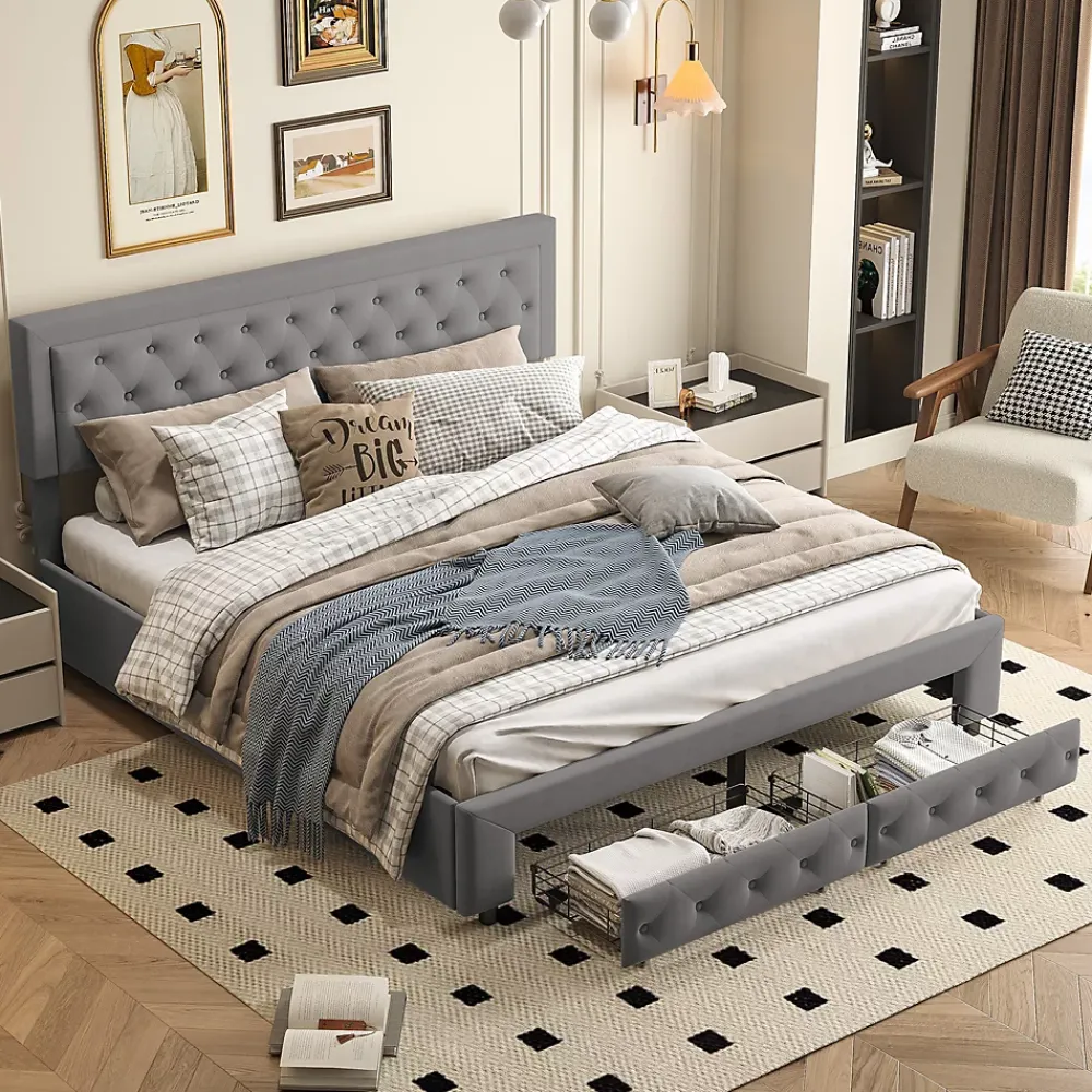 Simple Life Lit Double 180 X 200 Cm Avec Coffre Et Tiroirs,velours,sommier à Lattes,lit Hydraulique, Gris* Lit Coffre