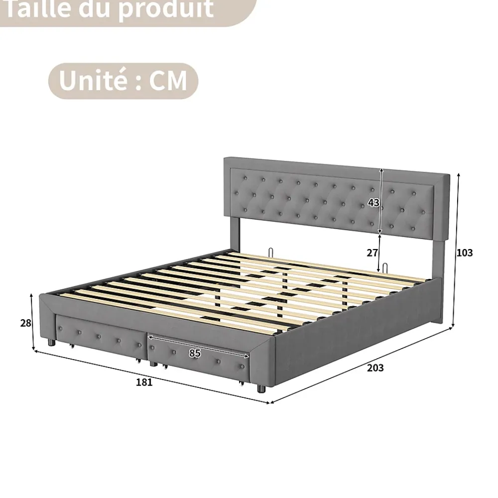 Simple Life Lit Double 180 X 200 Cm Avec Coffre Et Tiroirs,velours,sommier à Lattes,lit Hydraulique, Gris* Lit Coffre