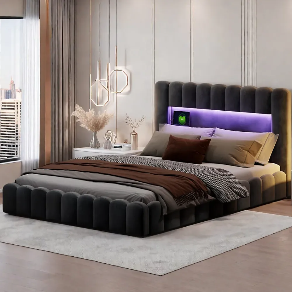 ProximaX Lit double 180 x 200 cm avec espace de rangement, Lit coffre avec lumières LED et USB, Gris clair* Lit Coffre