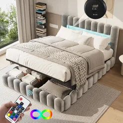 ProximaX Lit double 180 x 200 cm avec espace de rangement, Lit coffre avec lumières LED et USB, Gris clair* Lit Coffre