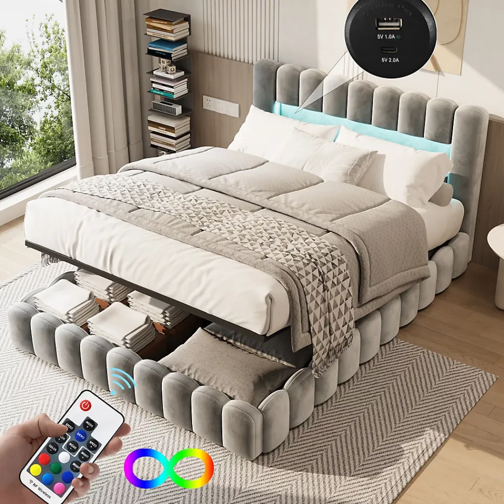 ProximaX Lit double 180 x 200 cm avec espace de rangement, Lit coffre avec lumières LED et USB, Gris clair* Lit Coffre