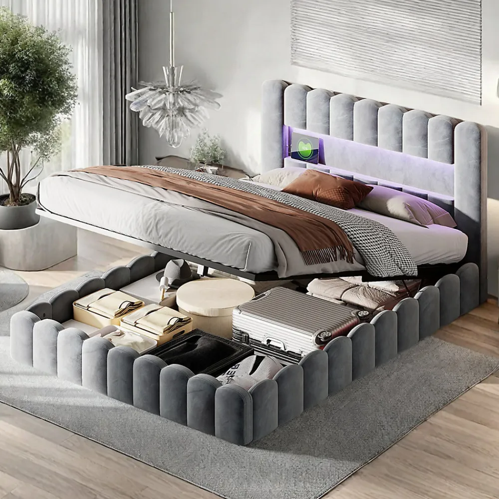 ProximaX Lit double 180 x 200 cm avec espace de rangement, Lit coffre avec lumières LED et USB, Gris clair* Lit Coffre