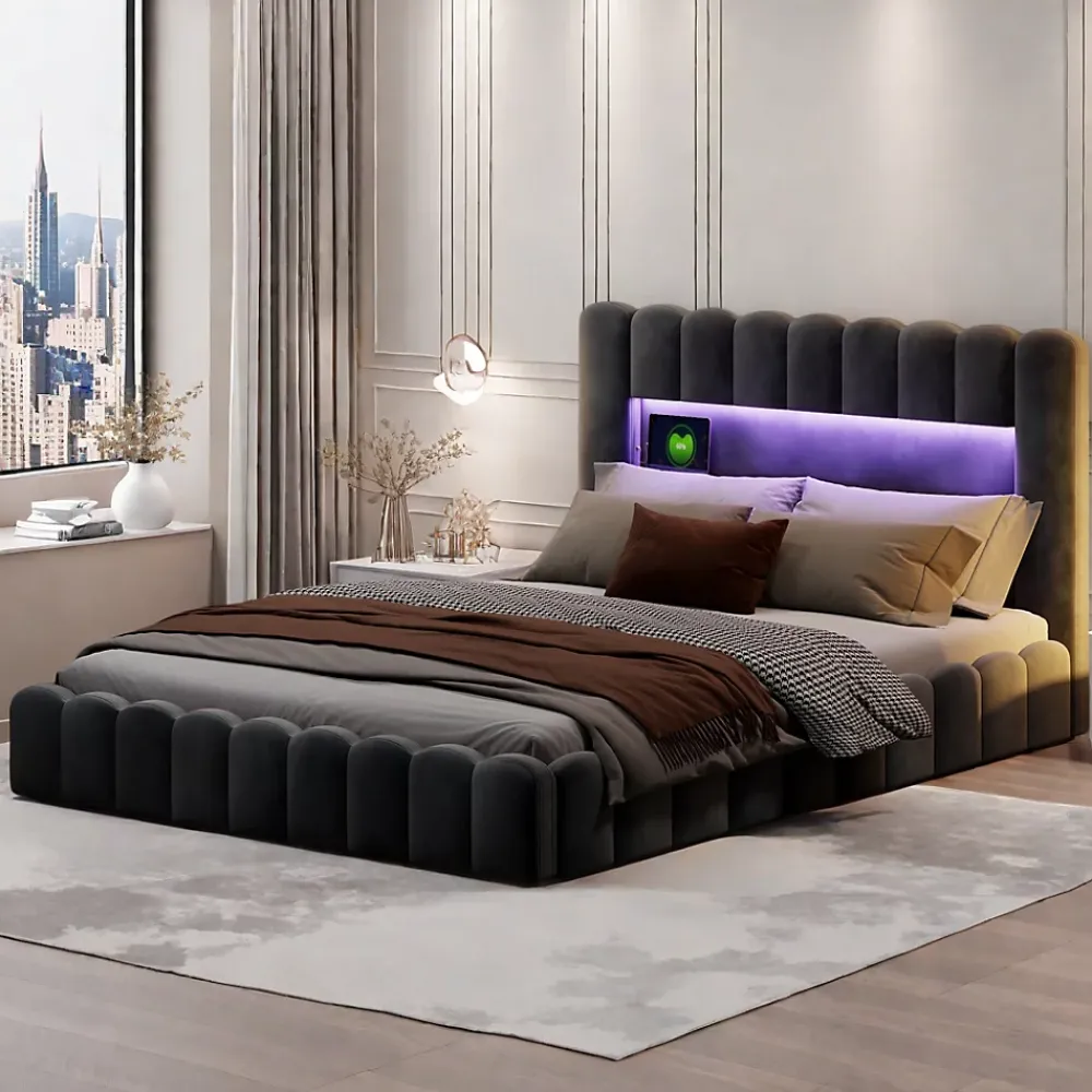 ProximaX Lit double 180 x 200 cm avec espace de rangement, Lit coffre avec lumières LED et USB, Gris clair* Lit Coffre