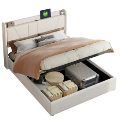 Lit Double 140 X 200 Cm Avec Port USB Et Compartiment De Rangement, Avec Tête De Lit, Beige>Fortuna lai Hot