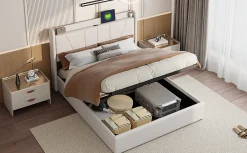 Lit Double 140 X 200 Cm Avec Port USB Et Compartiment De Rangement, Avec Tête De Lit, Beige>Fortuna lai Hot