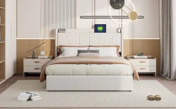 Lit Double 140 X 200 Cm Avec Port USB Et Compartiment De Rangement, Avec Tête De Lit, Beige><noscript><img width=