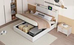 Lit Double 140 X 200 Cm Avec Port USB Et Compartiment De Rangement, Avec Tête De Lit, Beige><noscript><img width=