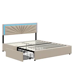Simple Life Lit Double 140 X 200 Cm, Rembourré Avec 4 Tiroirs Et LED, Sommier à Lattes, Lin Beige* Lit Coffre