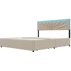 Simple Life Lit Double 160 X 200 Cm, Rembourré Avec 4 Tiroirs Et LED, Sommier à Lattes, Lin Beige* Lit Coffre