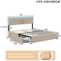 Simple Life Lit Double 160 X 200 Cm, Rembourré Avec 4 Tiroirs Et LED, Sommier à Lattes, Lin Beige* Lit Coffre