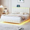 Lit double 160 x 200 cm, sommier tapissier flottant, avec LED, lin, beige>Simple Life New