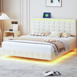 Lit double 160 x 200 cm, sommier tapissier flottant, avec LED, lin, beige>Simple Life New