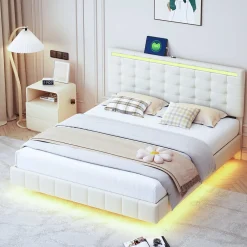Lit double 160 x 200 cm, sommier tapissier flottant, avec LED, lin, beige>Simple Life New