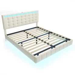 Lit double 160 x 200 cm, sommier tapissier flottant, avec LED, lin, beige><noscript><img width=