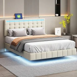 Lit double 160 x 200cm avec sommier à lattes, Lit 160 x 200cm avec éclairage LED et USB, cadre de lit en lin, Beige>Simple Life