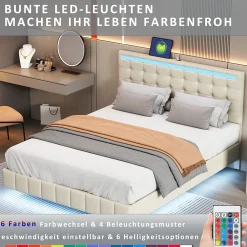 Lit double 160 x 200cm avec sommier à lattes, Lit 160 x 200cm avec éclairage LED et USB, cadre de lit en lin, Beige><noscript><img width=