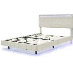 Lit double 160 x 200cm avec sommier à lattes, Lit 160 x 200cm avec éclairage LED et USB, cadre de lit en lin, Beige><noscript><img width=