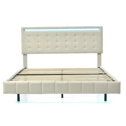 Lit double 160 x 200cm avec sommier à lattes, Lit 160 x 200cm avec éclairage LED et USB, cadre de lit en lin, Beige><noscript><img width=