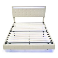 Lit double 160 x 200cm avec sommier à lattes, Lit 160 x 200cm avec éclairage LED et USB, cadre de lit en lin, Beige><noscript><img width=