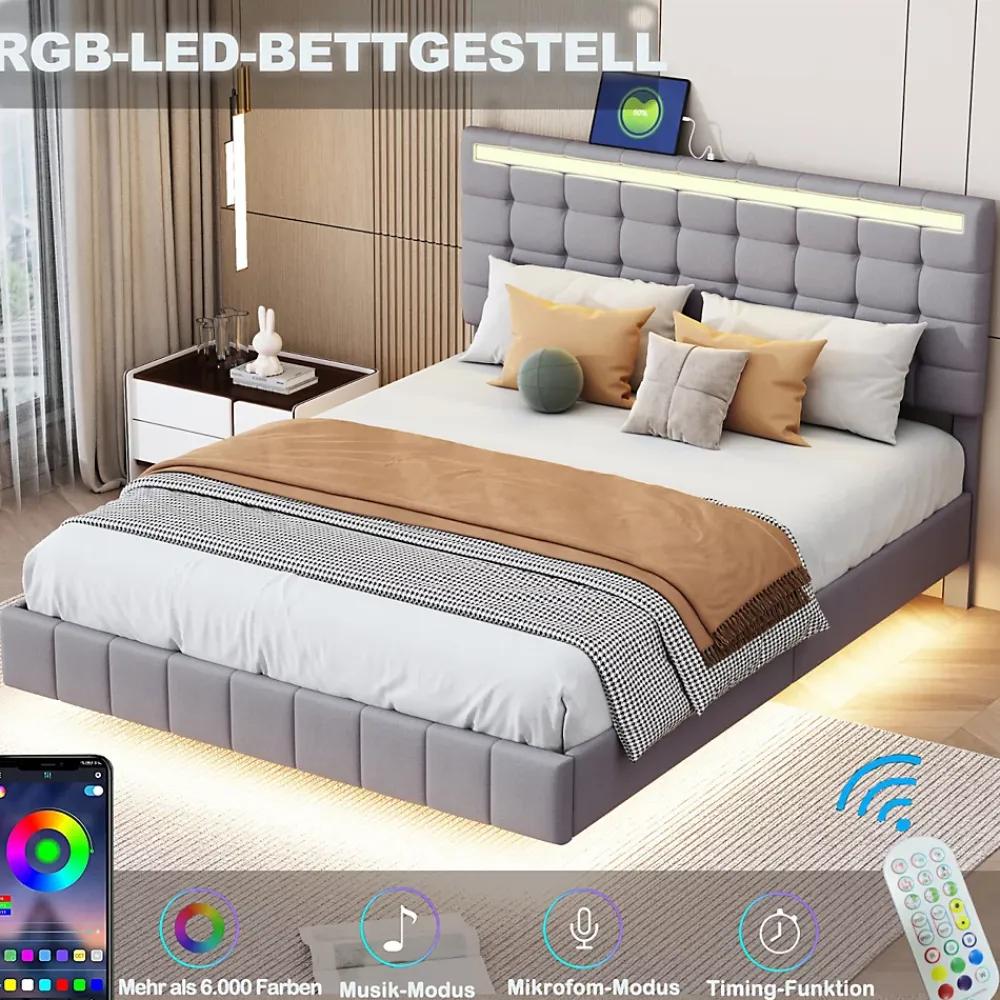 Generique Lit double 140 x 200cm avec sommier à lattes, Lit 140 x 200cm avec éclairage LED et USB, cadre de lit en lin, Gris* Lit Double