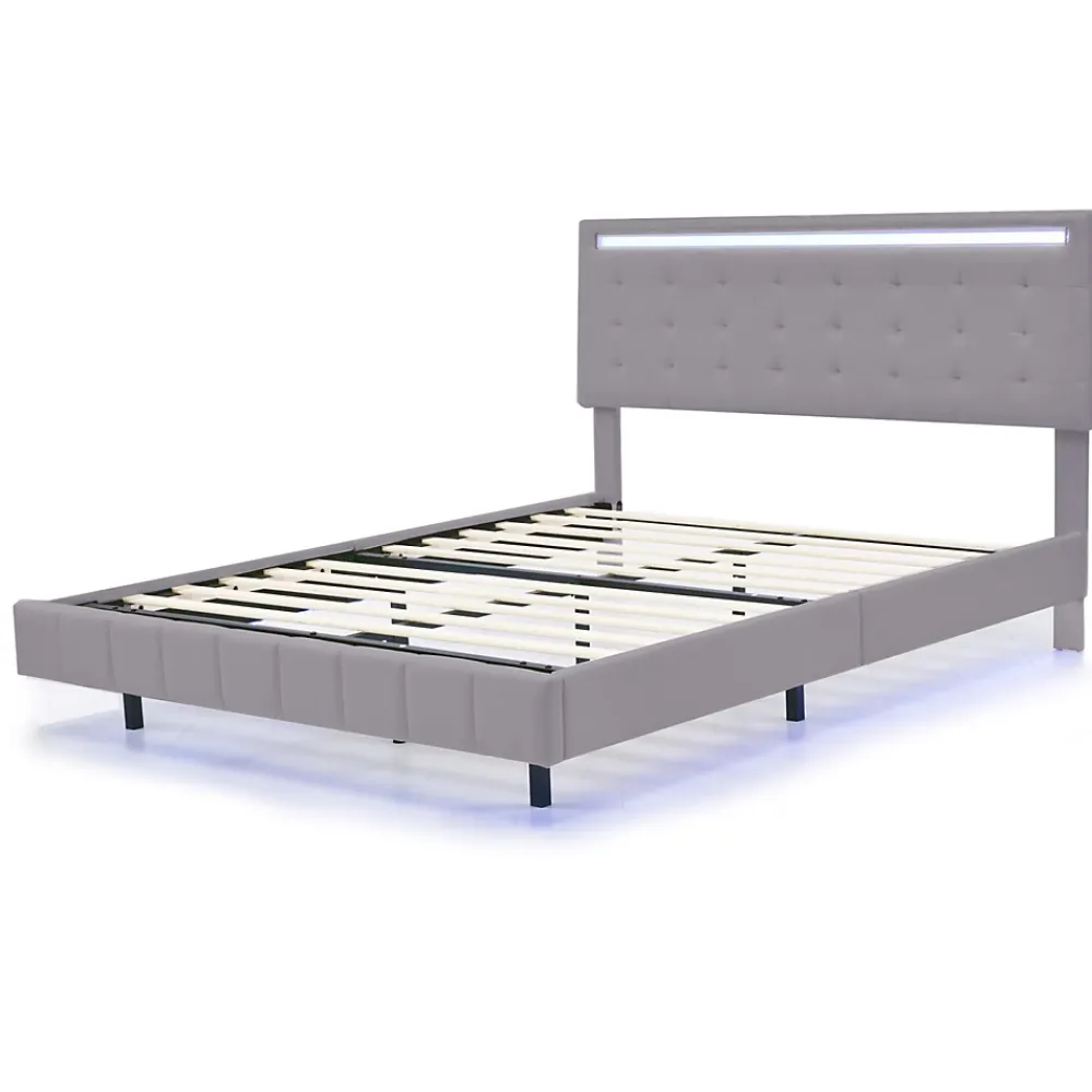 Generique Lit double 140 x 200cm avec sommier à lattes, Lit 140 x 200cm avec éclairage LED et USB, cadre de lit en lin, Gris* Lit Double