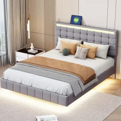 Generique Lit double 140 x 200cm avec sommier à lattes, Lit 140 x 200cm avec éclairage LED et USB, cadre de lit en lin, Gris* Lit Double
