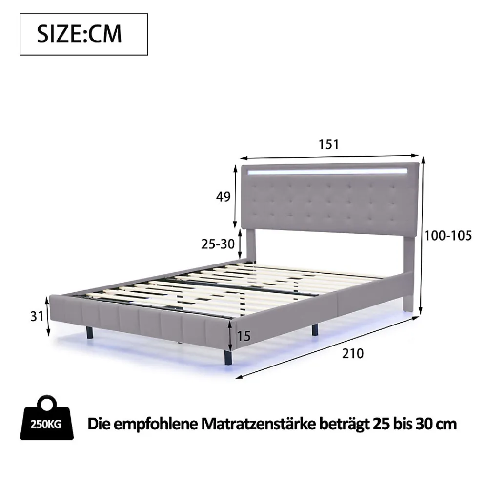 Generique Lit double 140 x 200cm avec sommier à lattes, Lit 140 x 200cm avec éclairage LED et USB, cadre de lit en lin, Gris* Lit Double