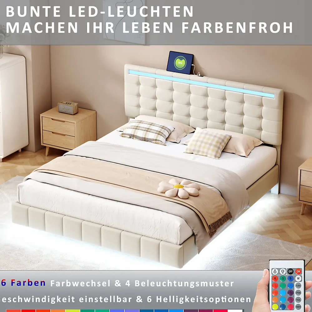Lit double 160 x 200cm avec sommier à lattes, Lit 160 x 200cm avec éclairage LED et USB, cadre de lit en lin, Beige>Generique New