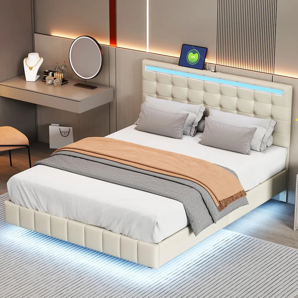 Lit double 160 x 200cm avec sommier à lattes, Lit 160 x 200cm avec éclairage LED et USB, cadre de lit en lin, Beige>Generique New
