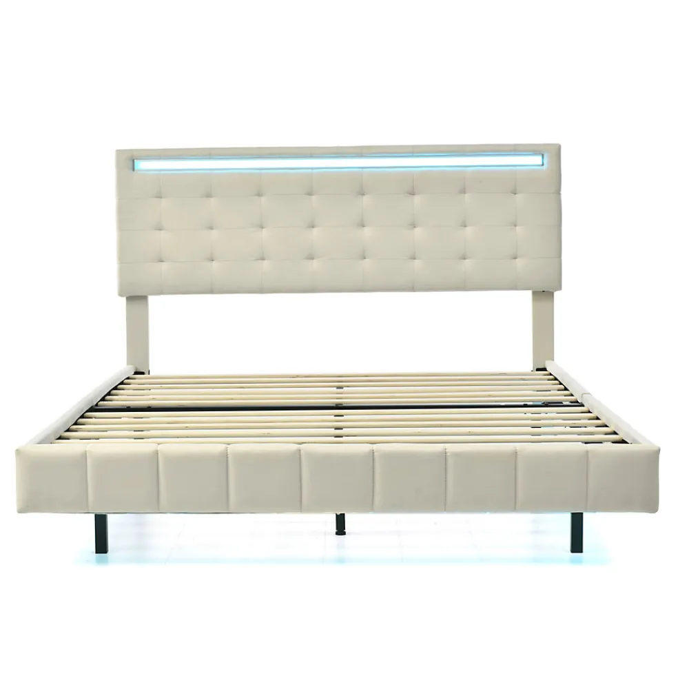 Lit double 160 x 200cm avec sommier à lattes, Lit 160 x 200cm avec éclairage LED et USB, cadre de lit en lin, Beige>Generique New