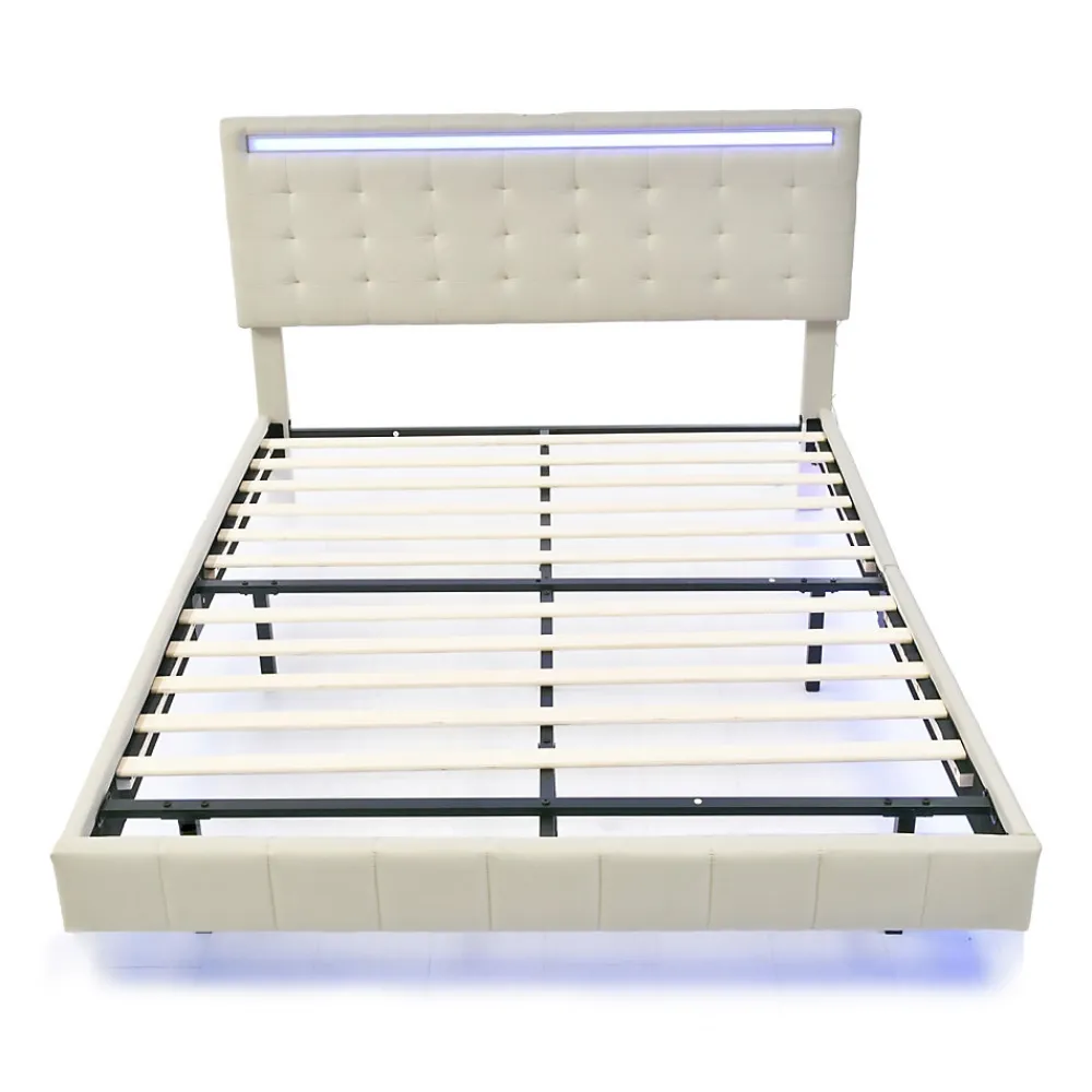 Lit double 160 x 200cm avec sommier à lattes, Lit 160 x 200cm avec éclairage LED et USB, cadre de lit en lin, Beige>Generique New