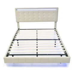 ProximaX Lit double 140 x 200cm avec sommier à lattes, Lit 140 x 200cm avec éclairage LED et USB, cadre de lit en lin, Beige* Lit Coffre