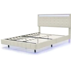 ProximaX Lit double 140 x 200cm avec sommier à lattes, Lit 140 x 200cm avec éclairage LED et USB, cadre de lit en lin, Beige* Lit Coffre
