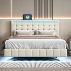 ProximaX Lit double 140 x 200cm avec sommier à lattes, Lit 140 x 200cm avec éclairage LED et USB, cadre de lit en lin, Beige* Lit Coffre