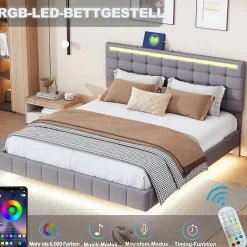 Generique Lit double 160 x 200cm avec sommier à lattes, Lit 160 x 200cm avec éclairage LED et USB, cadre de lit en lin, Gris* Lit Double