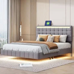 Generique Lit double 160 x 200cm avec sommier à lattes, Lit 160 x 200cm avec éclairage LED et USB, cadre de lit en lin, Gris* Lit Double