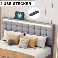 Generique Lit double 160 x 200cm avec sommier à lattes, Lit 160 x 200cm avec éclairage LED et USB, cadre de lit en lin, Gris* Lit Double