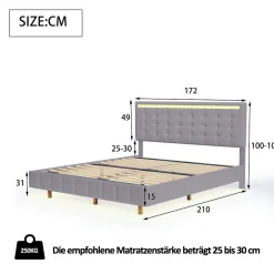 Generique Lit double 160 x 200cm avec sommier à lattes, Lit 160 x 200cm avec éclairage LED et USB, cadre de lit en lin, Gris* Lit Double