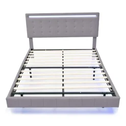 Generique Lit double 160 x 200cm avec sommier à lattes, Lit 160 x 200cm avec éclairage LED et USB, cadre de lit en lin, Gris* Lit Double