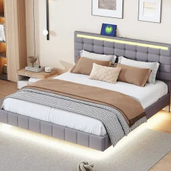 Generique Lit double 160 x 200cm avec sommier à lattes, Lit 160 x 200cm avec éclairage LED et USB, cadre de lit en lin, Gris* Lit Double