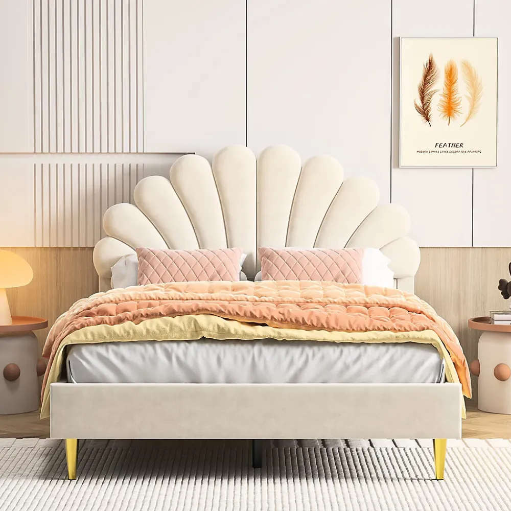 ProximaX Lit double 140 x 200,lit 140 x 200,lit rembourré,lit adulte avec tête de lit en forme de fleur,beige* Lit Coffre