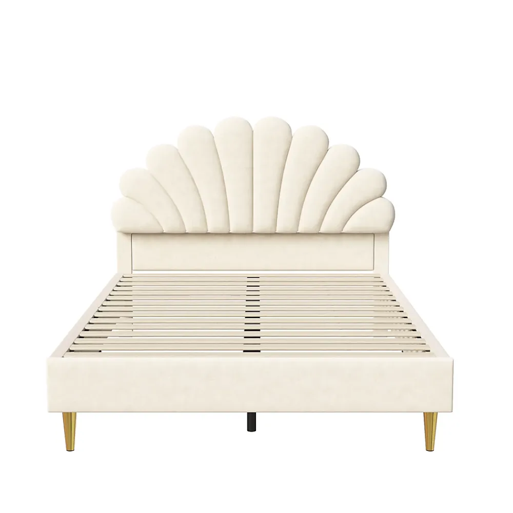 ProximaX Lit double 140 x 200,lit 140 x 200,lit rembourré,lit adulte avec tête de lit en forme de fleur,beige* Lit Coffre