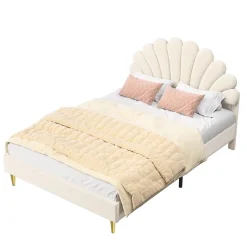 Generique Lit double 140 x 200,lit 140 x 200,lit rembourré,lit adulte avec tête de lit en forme de fleur,beige* Lit Double