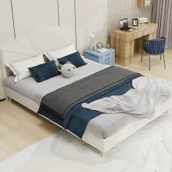 Lit Double Ado 140x200 cm - Lit Capitonné Bas Moderne et Confortable, Sans Vérin, Sans Matelas, Tissu Beige>Okwish New