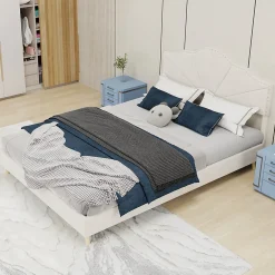 Lit Double Ado 140x200 cm - Lit Capitonné Bas Moderne et Confortable, Sans Vérin, Sans Matelas, Tissu Beige>Okwish New