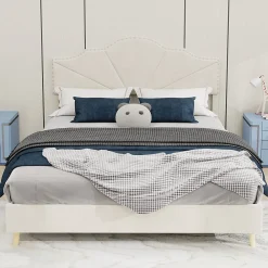 Lit Double Ado 140x200 cm - Lit Capitonné Bas Moderne et Confortable, Sans Vérin, Sans Matelas, Tissu Beige><noscript><img width=