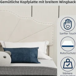Lit Double Ado 140x200 cm - Lit Capitonné Bas Moderne et Confortable, Sans Vérin, Sans Matelas, Tissu Beige><noscript><img width=