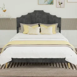 Okwish Lit Double Ado 140x200 cm - Lit Bas Capitonné, Sans Vérin et Sans Matelas, Moderne et Confortable, Tissu Gris* Lit Double