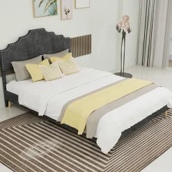Okwish Lit Double Ado 140x200 cm - Lit Bas Capitonné, Sans Vérin et Sans Matelas, Moderne et Confortable, Tissu Gris* Lit Double