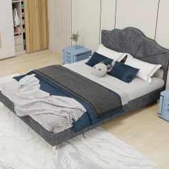 Lit Double Ado 140x200 cm - Lit Capitonné Bas Moderne et Confortable, Sans Vérin, Sans Matelas, Tissu Gris>Okwish Clearance